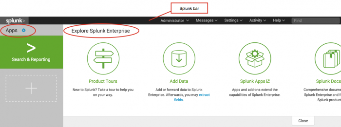 This image shows the Splunk Home page. There are red boxes around the parts of the screen that are described by the surrounding text.