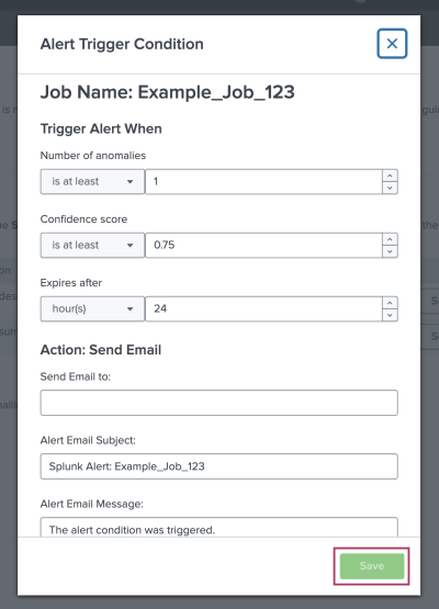 This image shows the modal window that appears when you click Manage Alert for a job in the Job Dashboard.