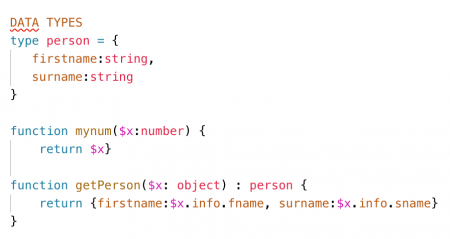 This image shows custom data types and custom function examples where the data types are colored red. For example, in the custom function "function mynum($x:number) {return $x}" the data type "number" is colored red.