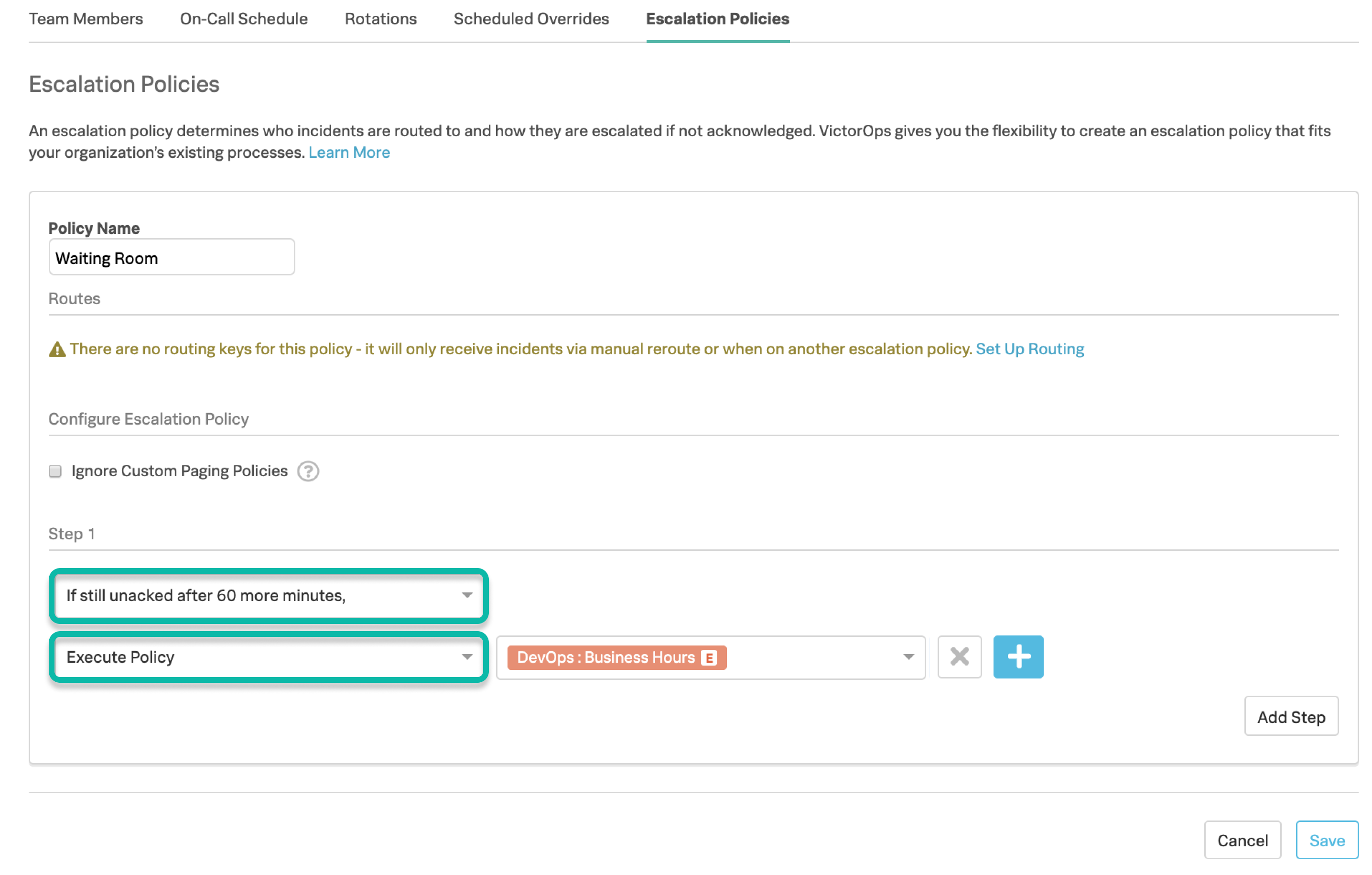 Select the time interval and the escalation policy if the incident doesn't auto-resolve.