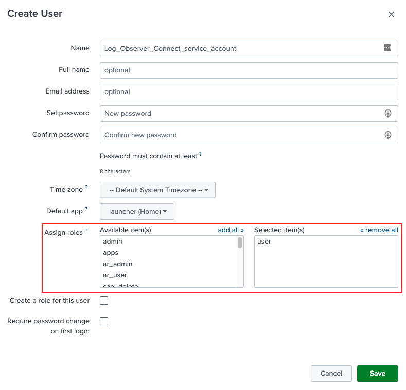 This screenshot shows the Create user page in Splunk Enterprise where you can assign a user to the service account role.