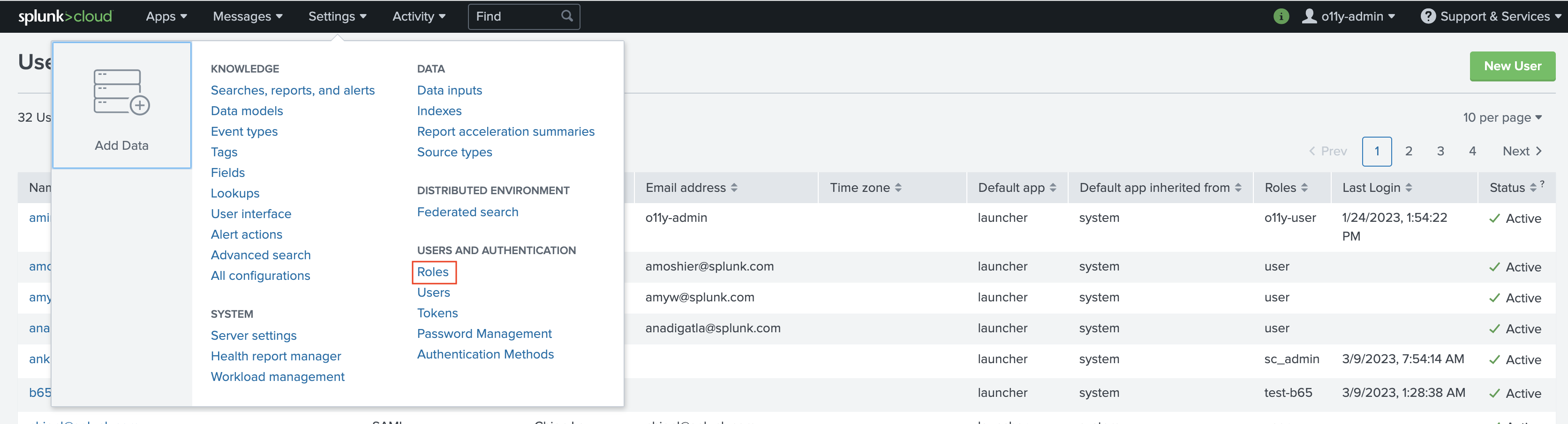 This screenshot shows how to go to Roles in Splunk Cloud Platform where you will set up a service account for Log Observer Connect.