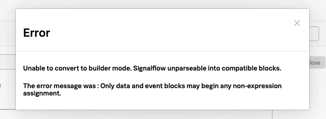 This screenshot shows error message that displays when the SignalFlow API can't parse custom SignalFlow.