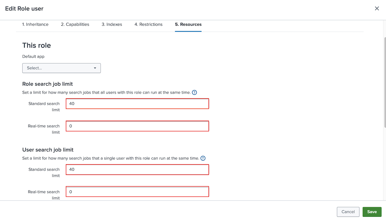 This screenshot shows recommended configuration for role search job limit and user search job limit.