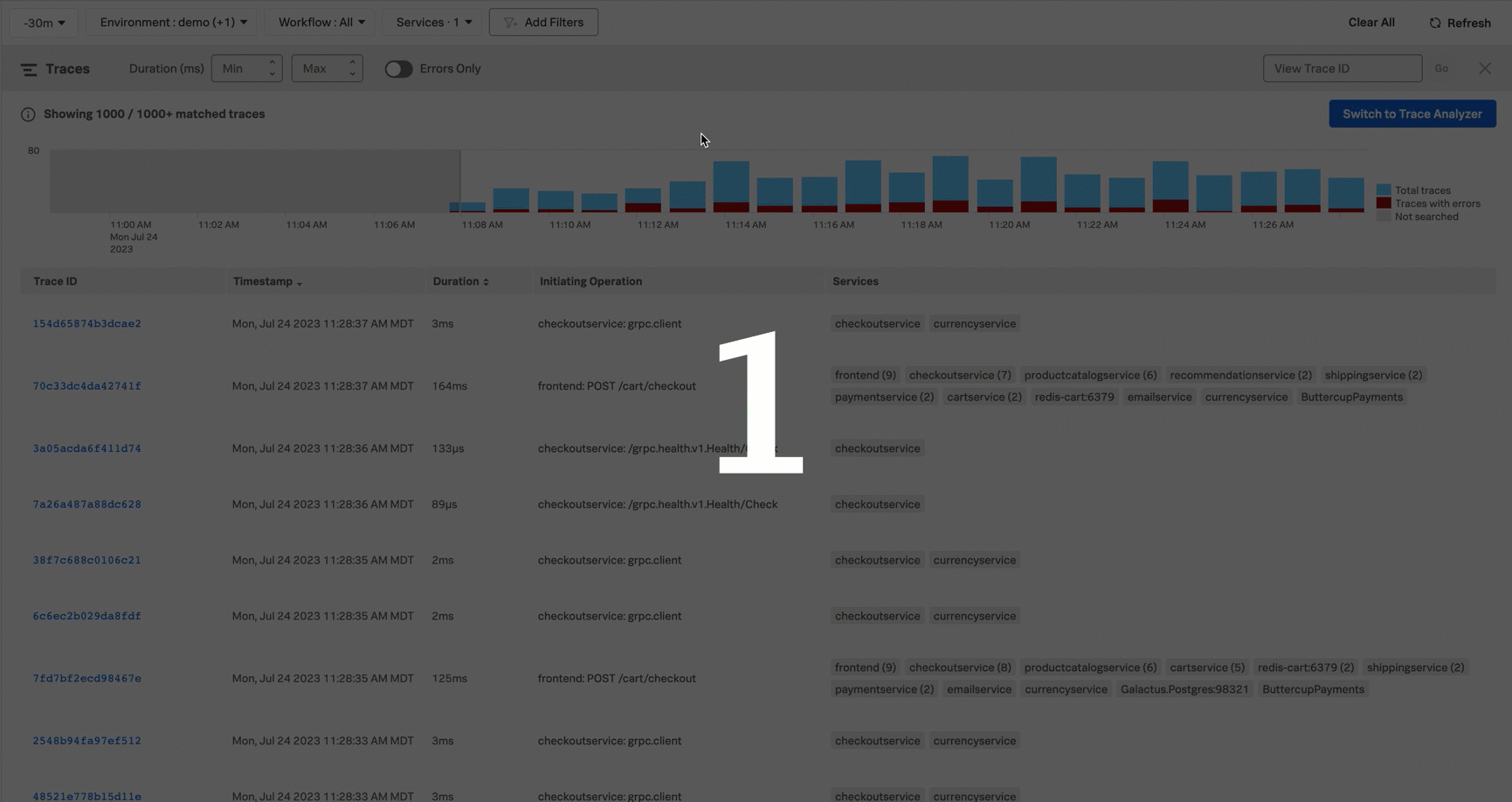 This animated gif shows a user making a selection within the interactive trace search chart.