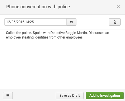 This screen image shows adding a note to an investigation