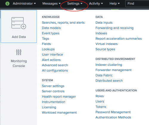 This image shows the Settings menu that you access from the Splunk bar. The Settings menu contains options to manage Knowledge objects, Data, System settings, Distributed Environment settings, and User access.