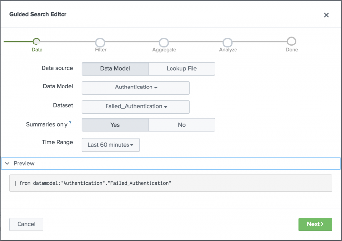 This screen image shows the guided correlation search editor with a preview of the Authentication data model and Failed Authentication dataset search.