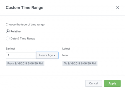 This screen image shows the Custom time picker with the Relative radio button selected.