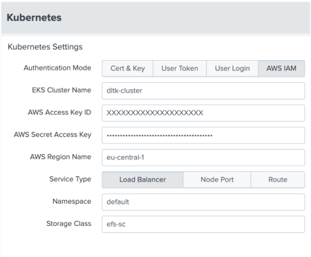 This image shows the Setup page of the DSDL app. Specifically, the fields to set up Kubernetes. Field names include EKS Cluster Name and AWS Access Key ID.
