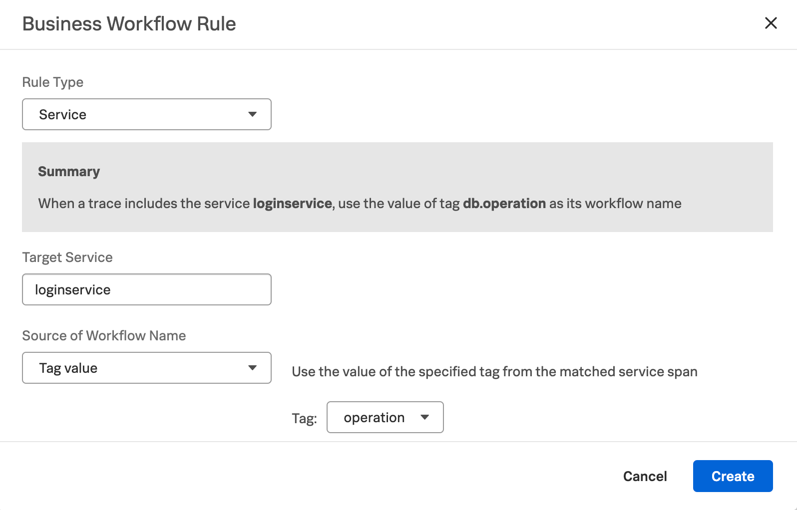 This screenshot shows the rule setup for a service workflow rule. that uses a tag value for correlating traces.