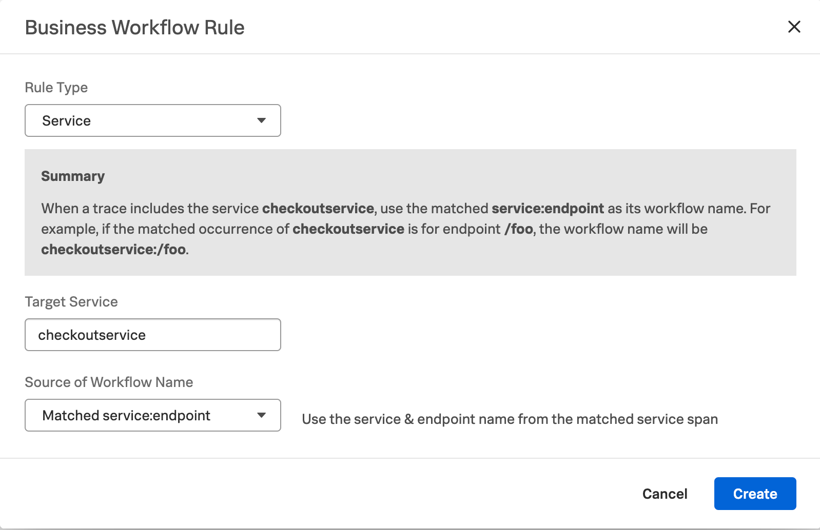 This screenshot shows the rule setup for a service workflow rule.