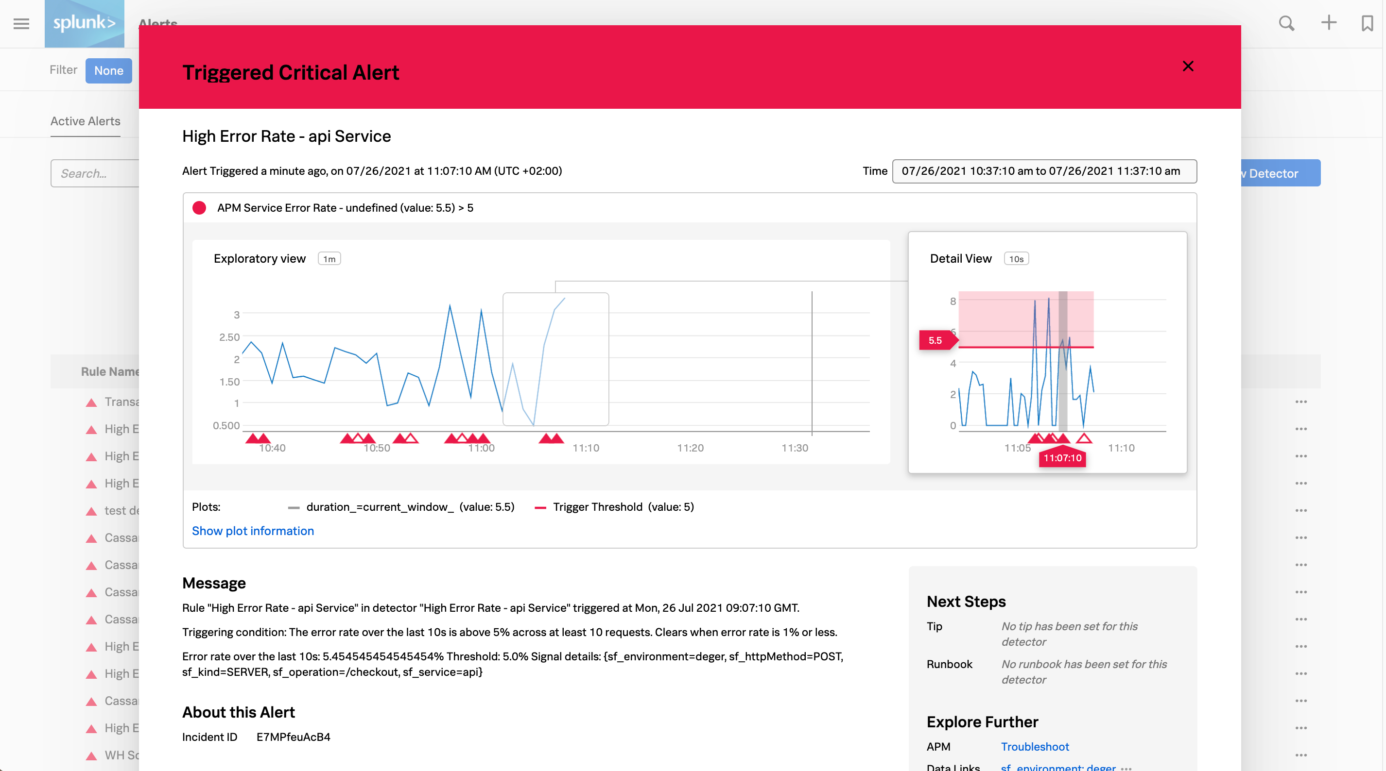 This screenshot shows the detail view of an individual critical alert in Observability Cloud.