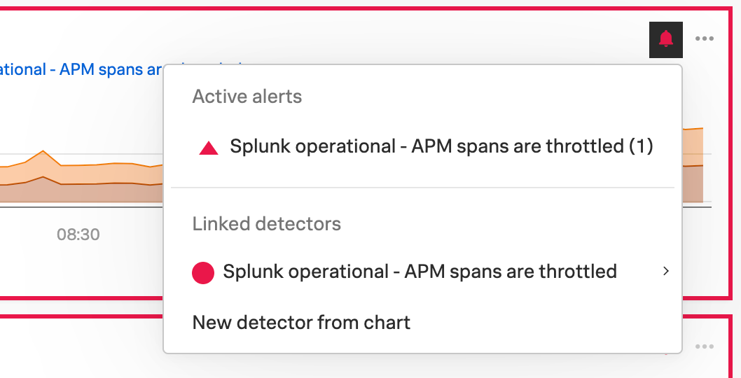 This screenshot shows where linked AutoDetect detectors are listed for a chart. In this example, there is one AutoDetect detector with a red dot, meaning there is an active alert.