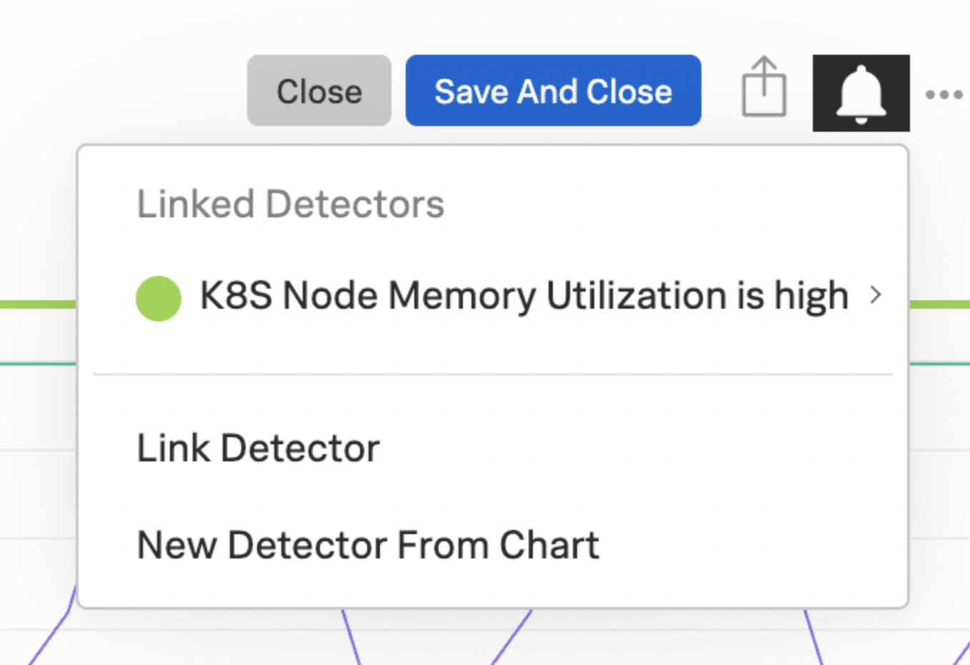 This screenshot shows where linked AutoDetect detectors are listed for a chart. In this example, there is one AutoDetect detector with a green dot, meaning there is no active alert.