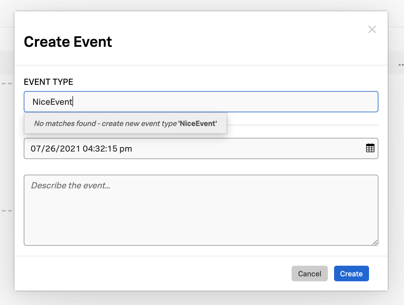 Create Event dialog box with sample event type