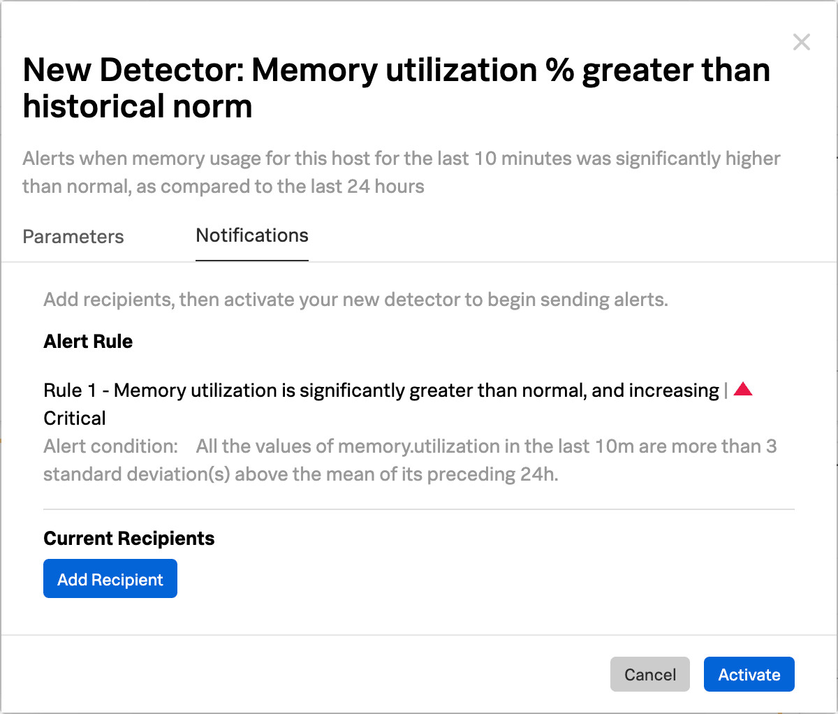 This screenshot shows the New Detector: Memory utilization % greater than historical norm detector template.