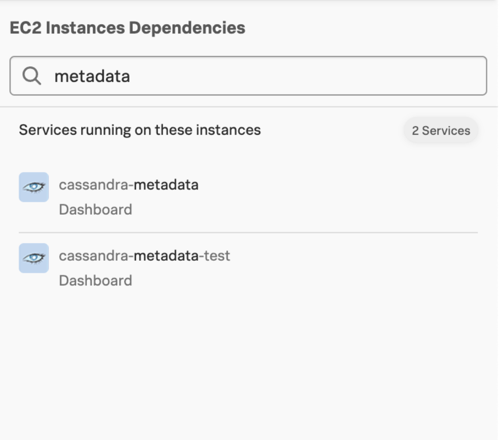 This image shows the search result for ``metadata`` services.